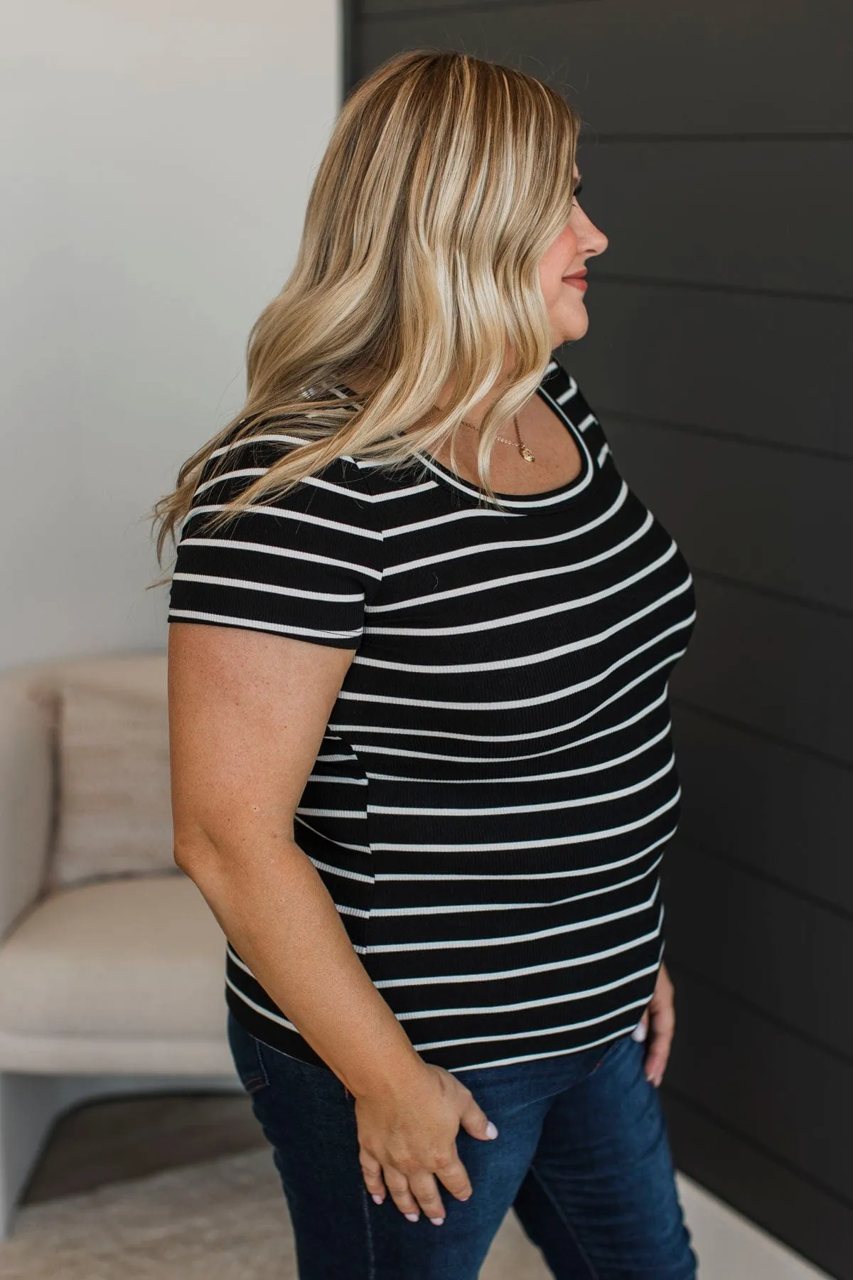 At The Top Striped Top- Black & White