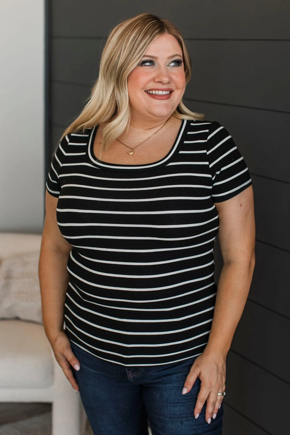 At The Top Striped Top- Black & White
