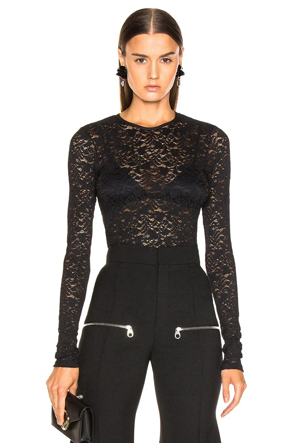 ENZA COSTA Stretch Lace Fitted Long Sleeve Crew Black or Off White