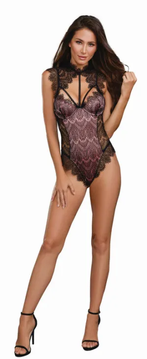Eyelash Lace Collared Teddy - Large - Vintage Rose / Black