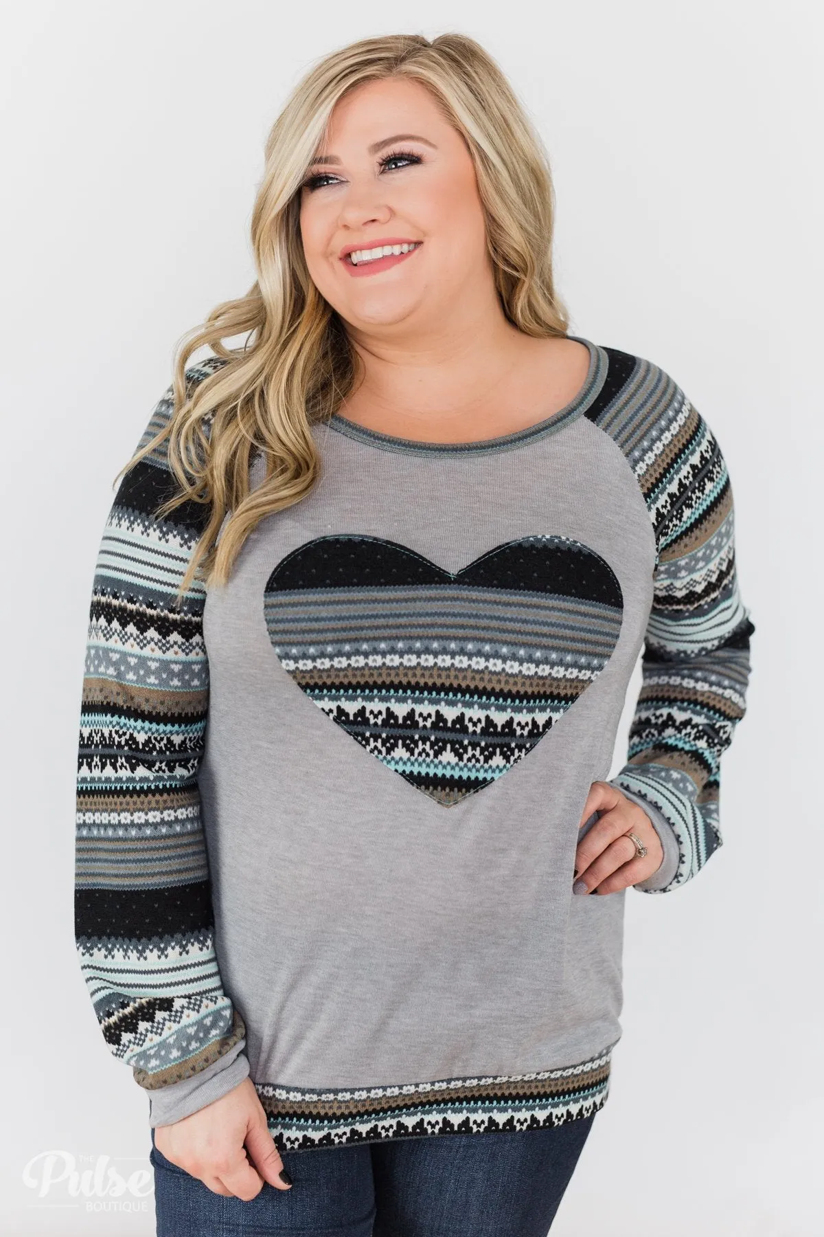 Feel Alive Printed Heart Top - Heather Grey & Mint