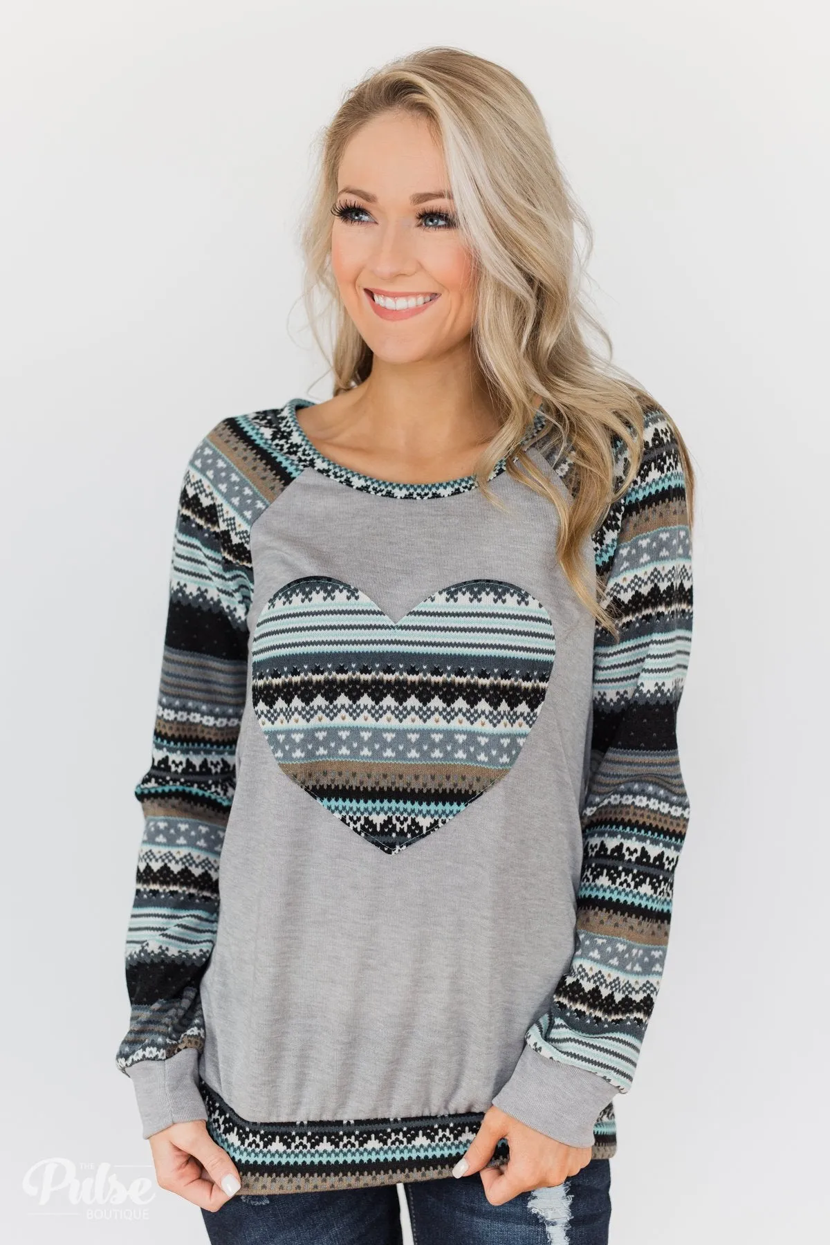 Feel Alive Printed Heart Top - Heather Grey & Mint