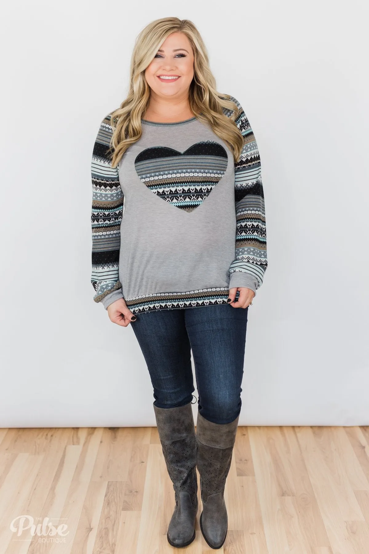 Feel Alive Printed Heart Top - Heather Grey & Mint