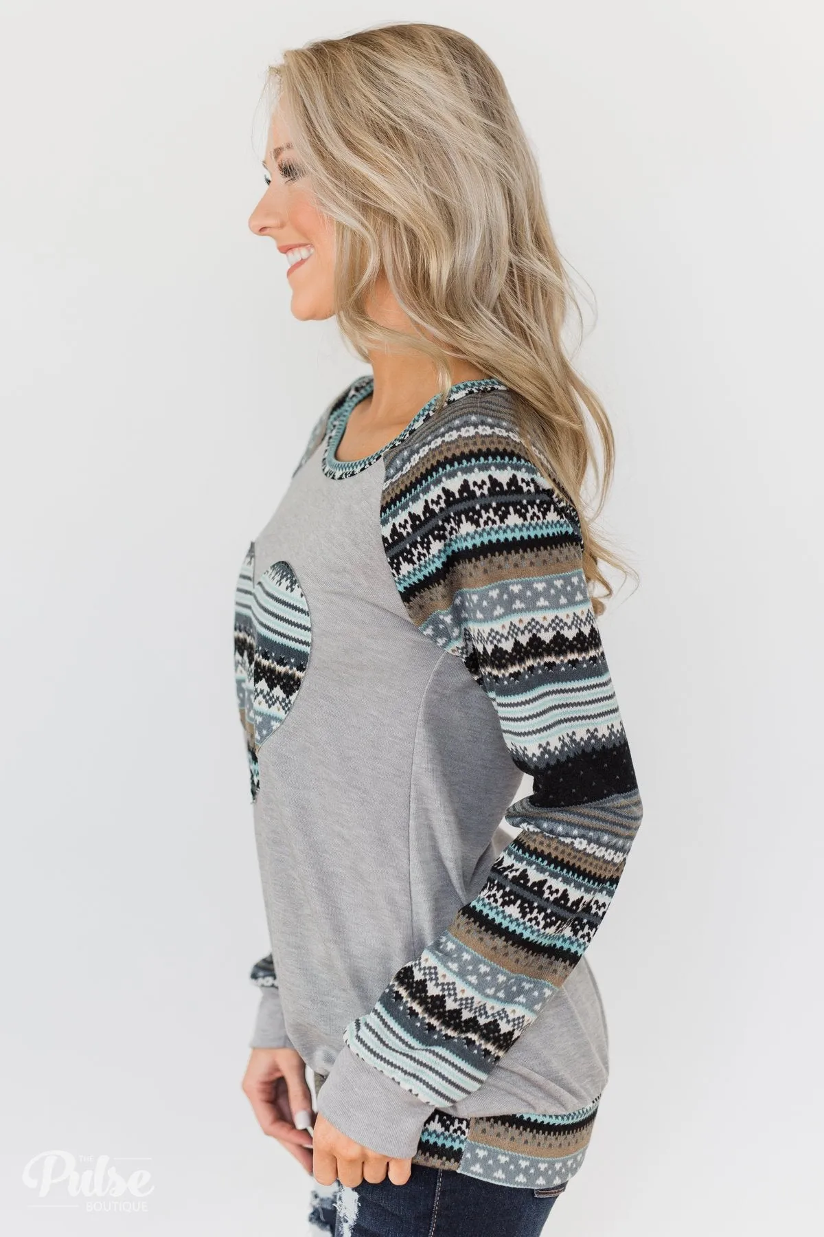 Feel Alive Printed Heart Top - Heather Grey & Mint