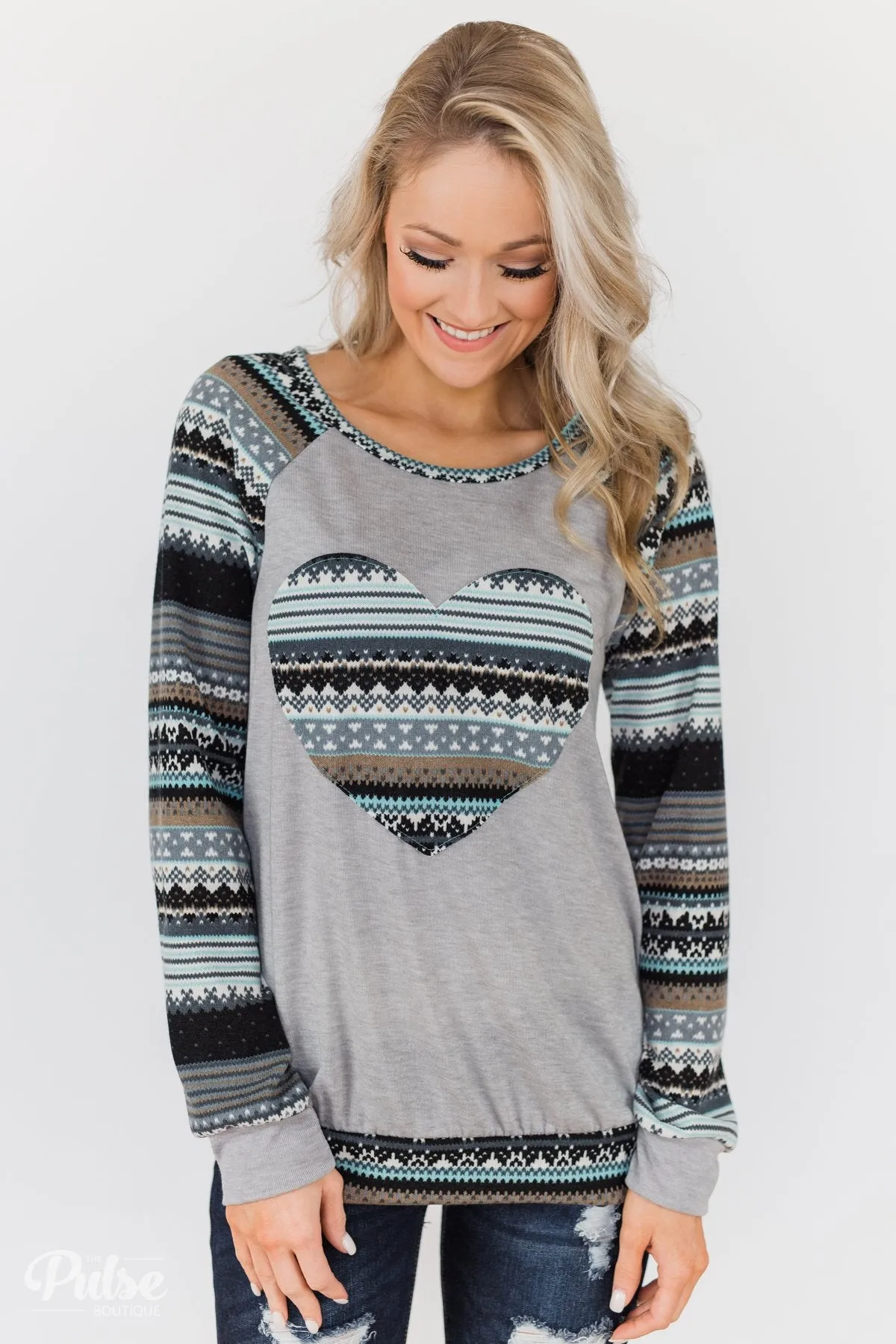Feel Alive Printed Heart Top - Heather Grey & Mint