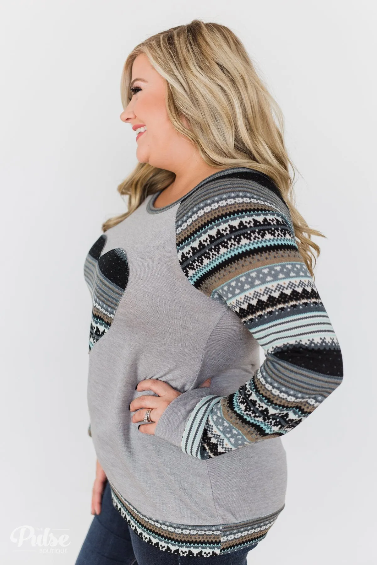 Feel Alive Printed Heart Top - Heather Grey & Mint
