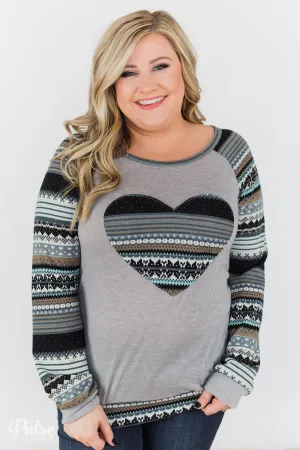 Feel Alive Printed Heart Top - Heather Grey & Mint