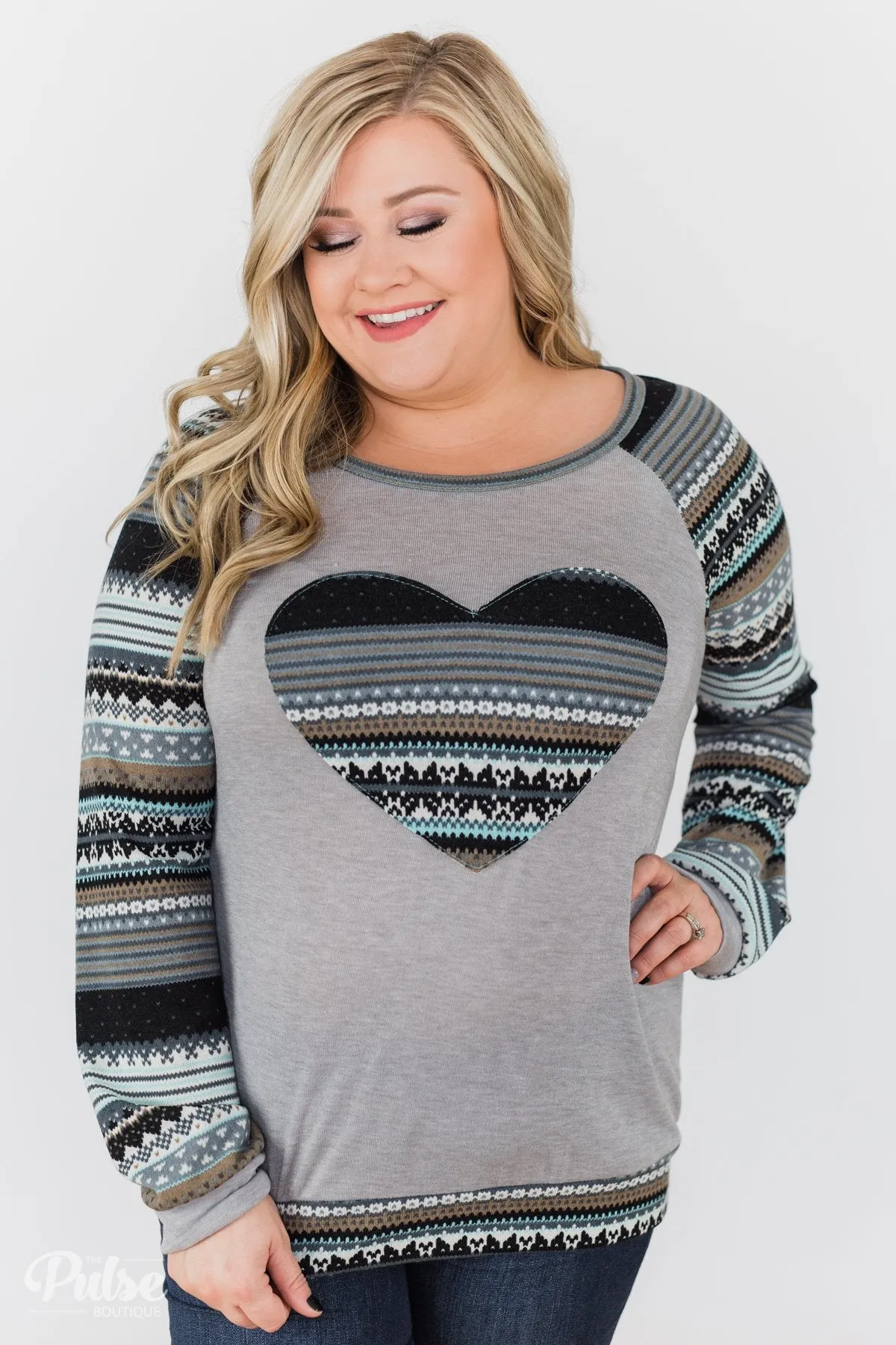 Feel Alive Printed Heart Top - Heather Grey & Mint
