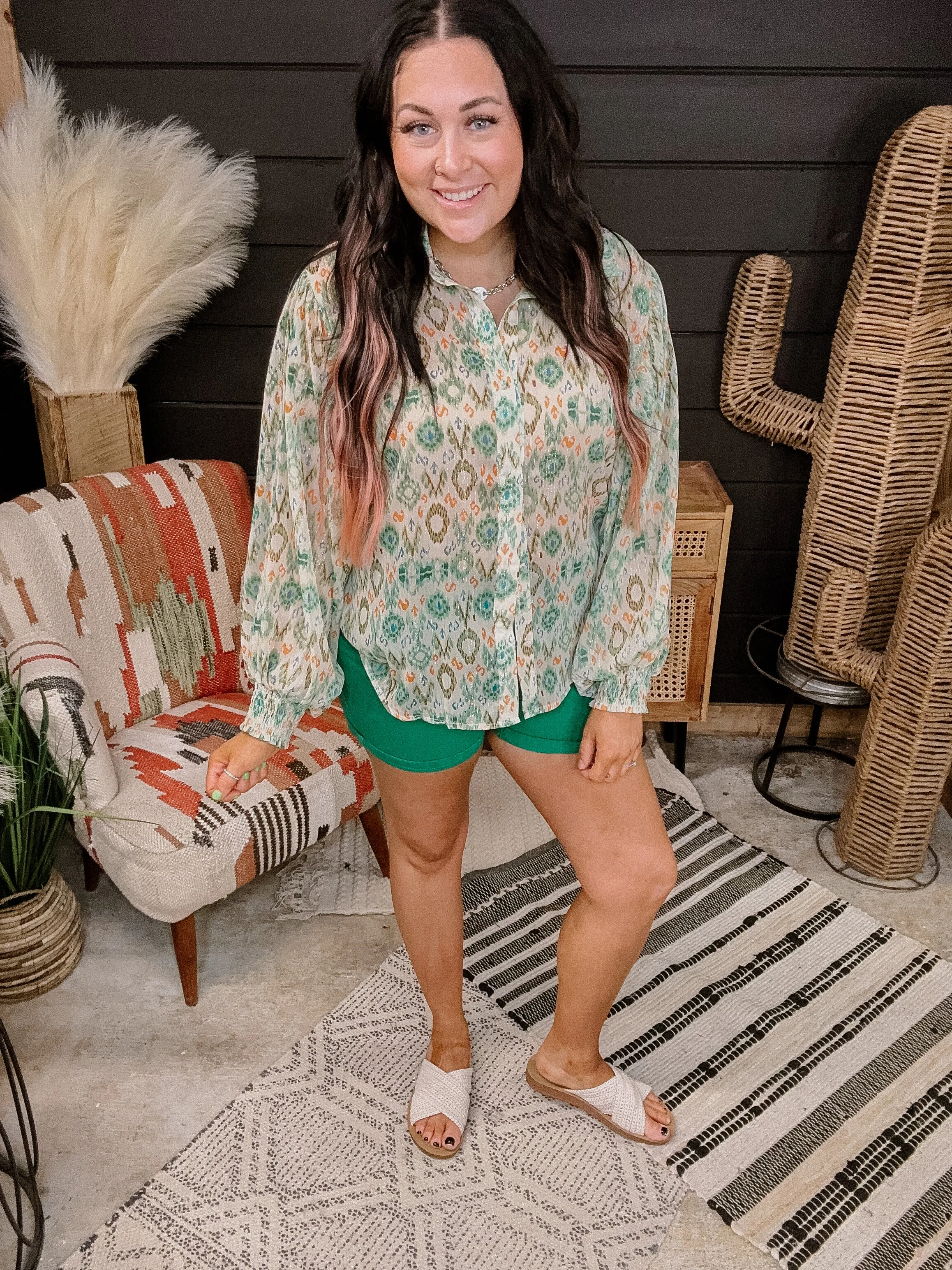 Green   Orange Ikat Mix Balloon Sleeve Blouse