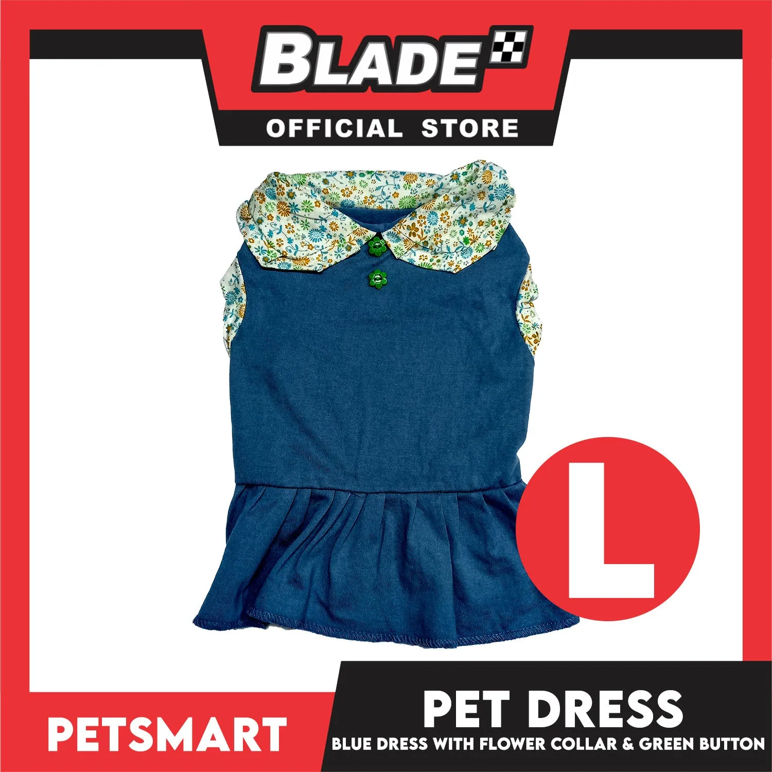 Pet Dress Blue with Flower Collar and Green Button Design DG-CTN185L (Large)