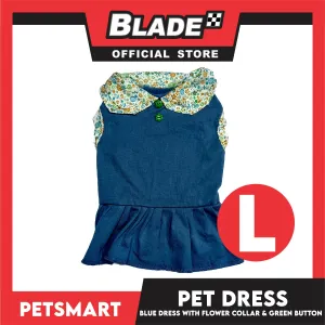 Pet Dress Blue with Flower Collar and Green Button Design DG-CTN185L (Large)