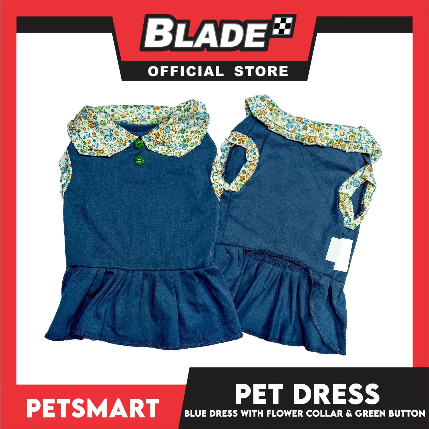 Pet Dress Blue with Flower Collar and Green Button Design DG-CTN185L (Large)