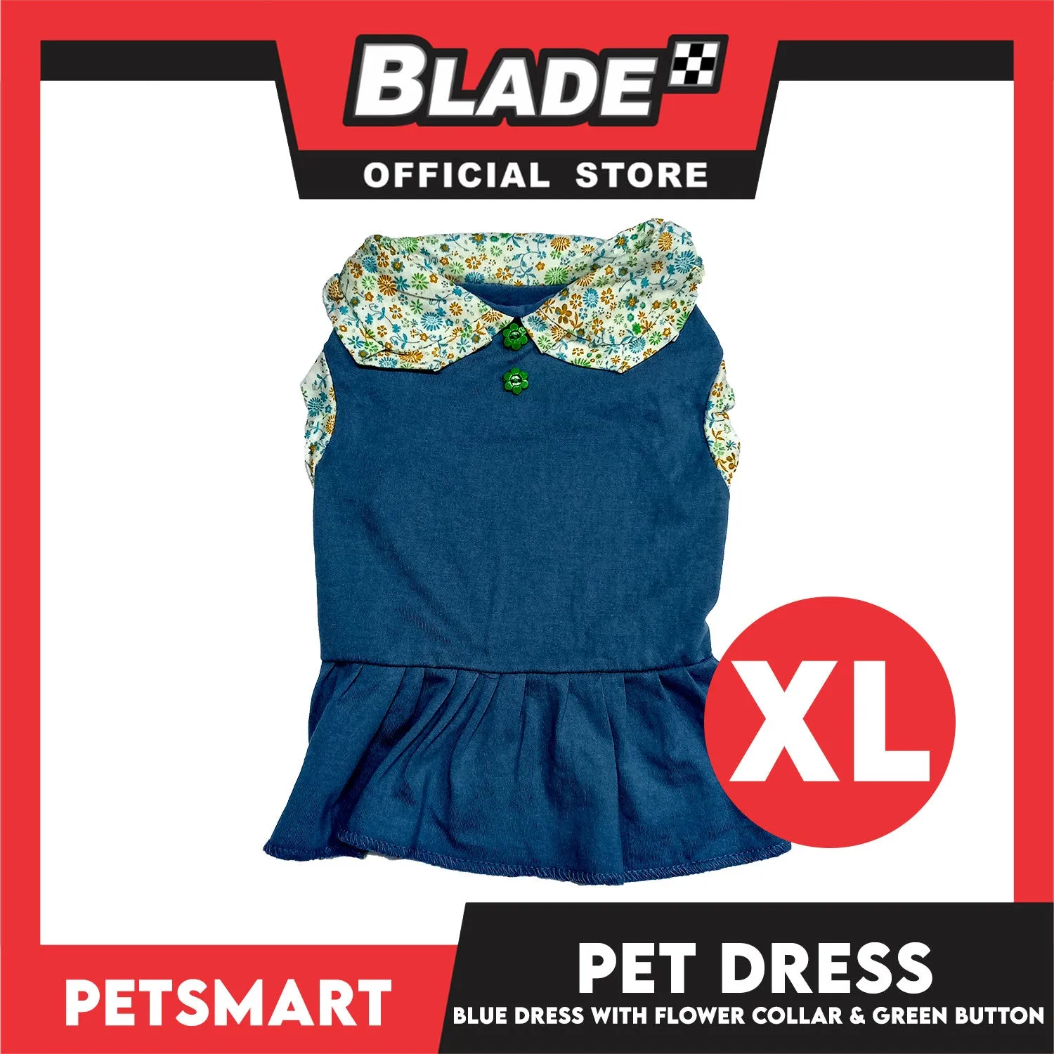 Pet Dress Blue with Flower Collar and Green Button Design DG-CTN185XL (XL)