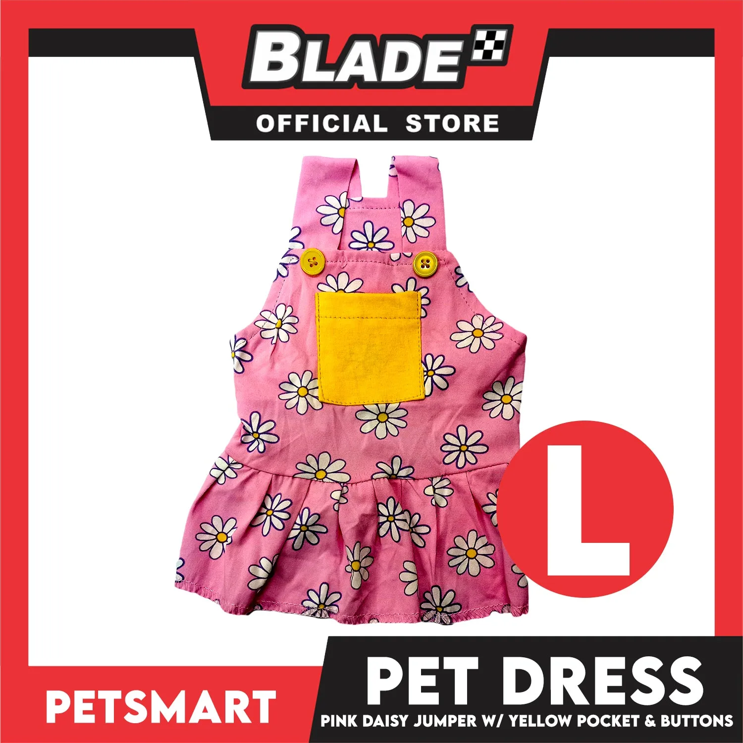Pet Dress Pink Daisy Jumper with Yellow Pocket and Buttons Perfect Fit for Dogs and Cats (Large)