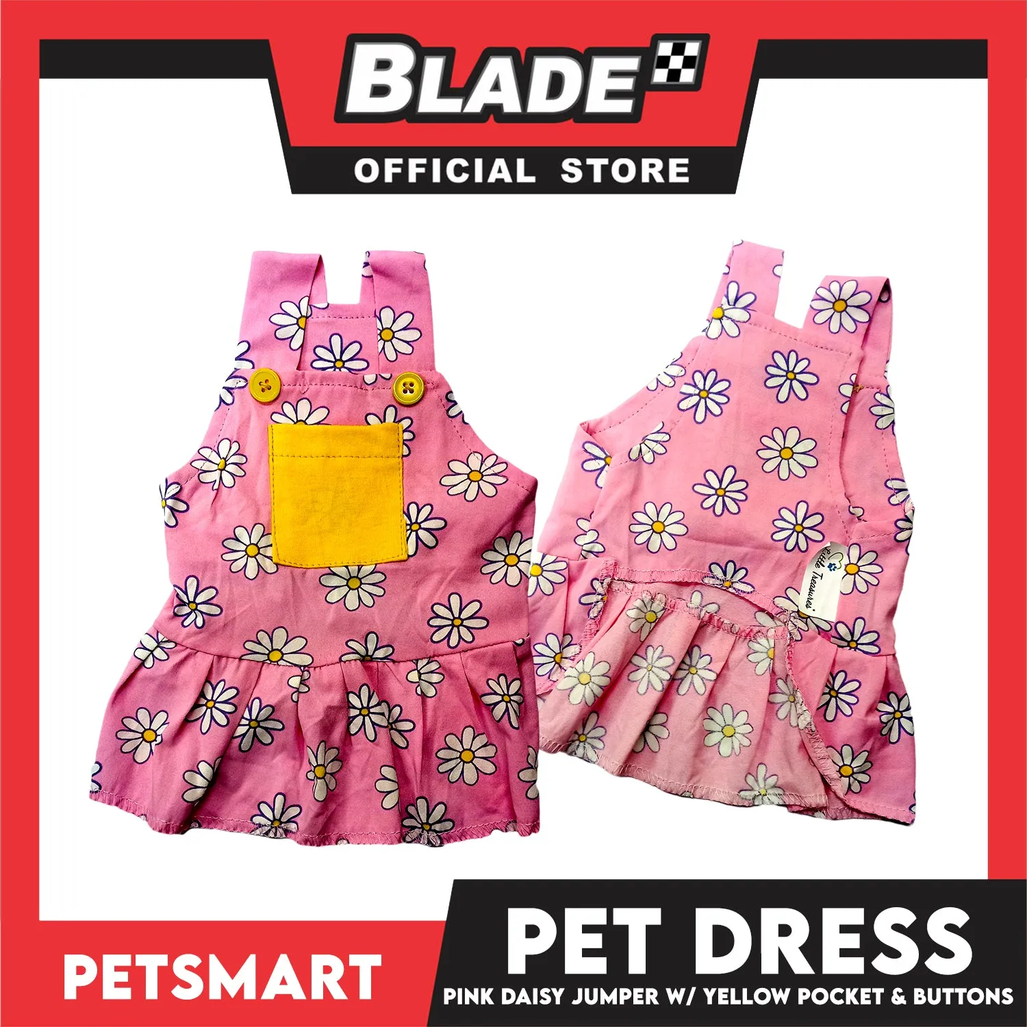Pet Dress Pink Daisy Jumper with Yellow Pocket and Buttons Perfect Fit for Dogs and Cats (Medium)