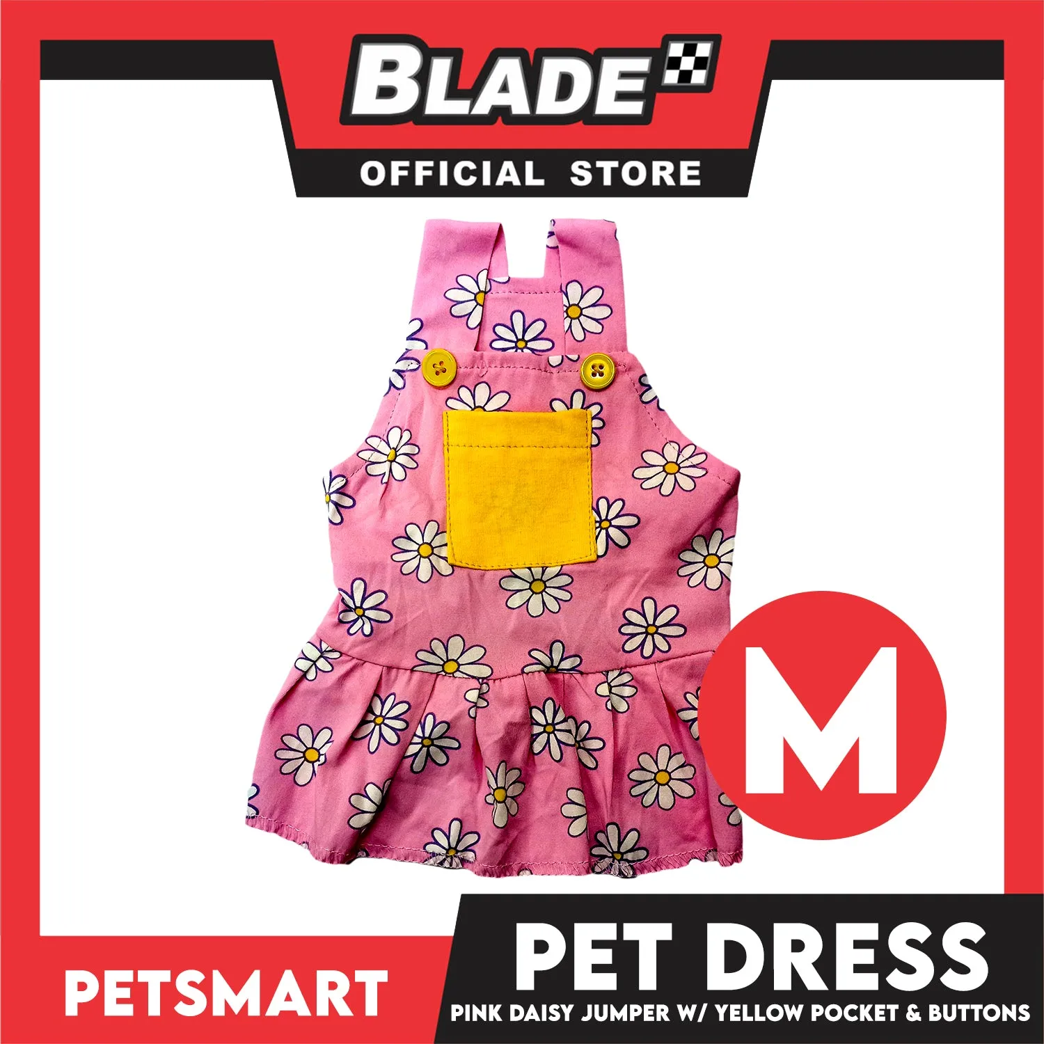 Pet Dress Pink Daisy Jumper with Yellow Pocket and Buttons Perfect Fit for Dogs and Cats (Medium)