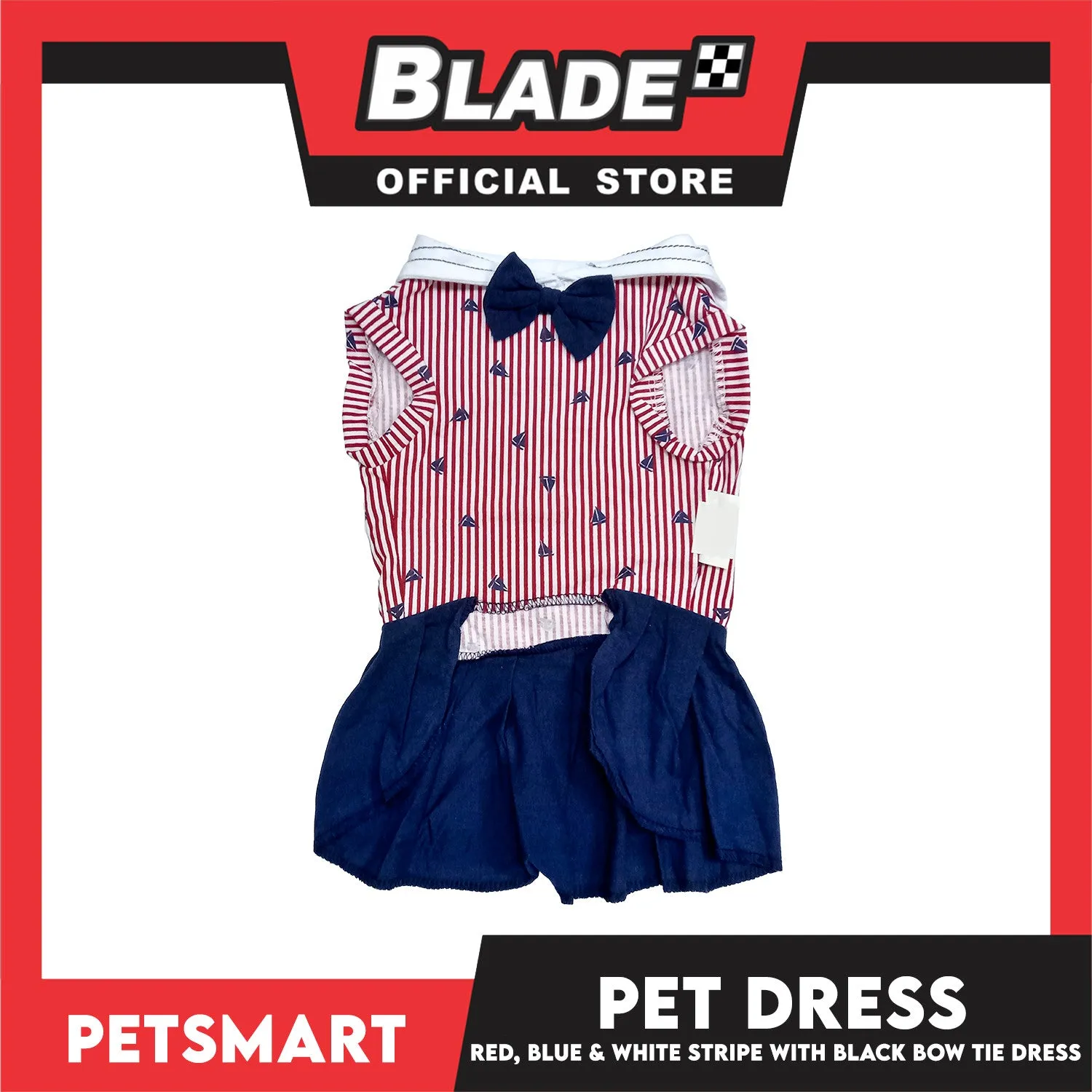 Pet Dress Red, Blue and White Stripe with Black Bow Tie Design DG-CTN184L (Large)