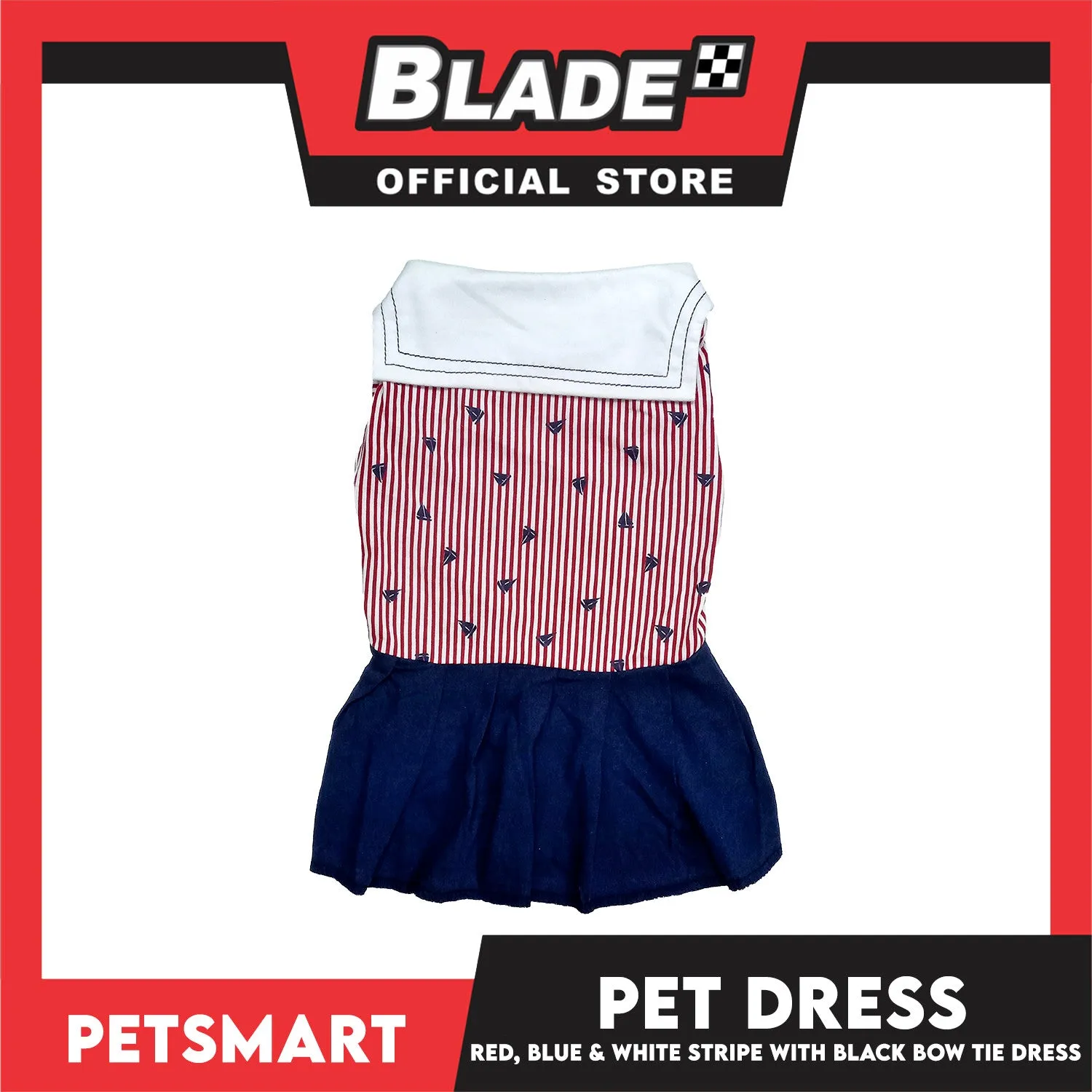Pet Dress Red, Blue and White Stripe with Black Bow Tie Design DG-CTN184L (Large)