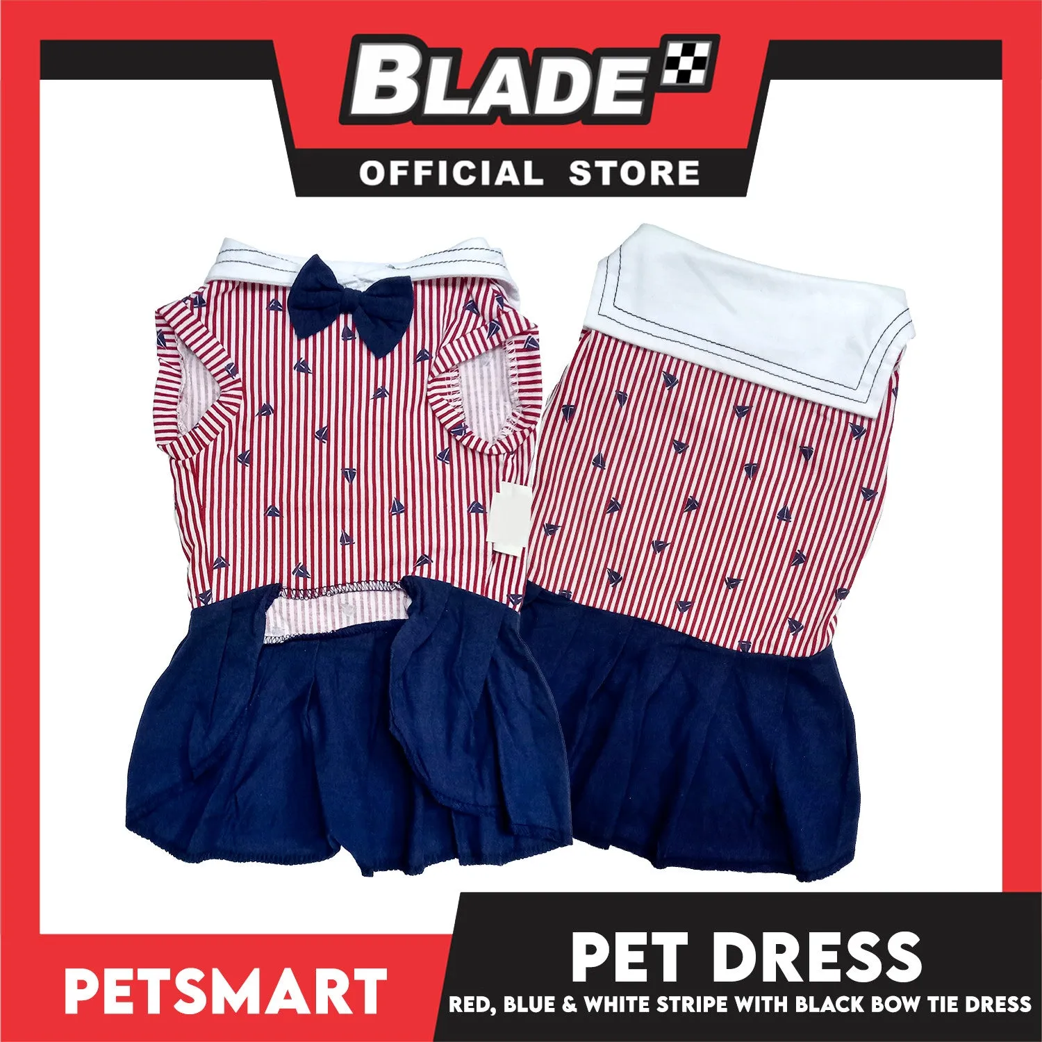 Pet Dress Red, Blue and White Stripe with Black Bow Tie Design DG-CTN184L (Large)