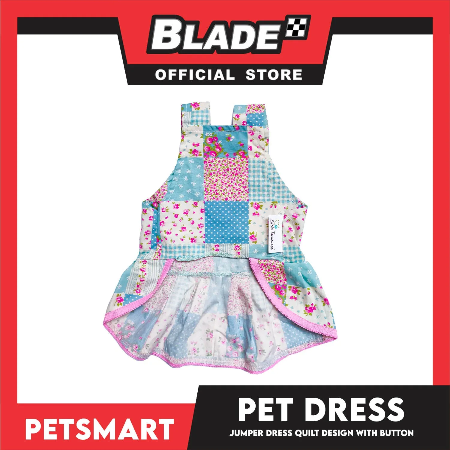 Pet Jumper Dress Quilt Design With Buttons, Blue With Pink Colors DG-CTN110L (Large) Perfect Fit For Dogs And Cats, Breathable Clothes, Soft Lightweight Pet Clothing