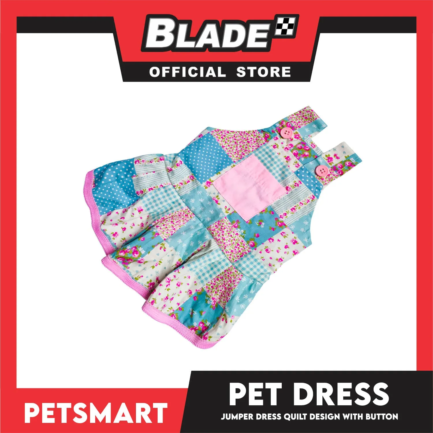 Pet Jumper Dress Quilt Design With Buttons, Blue With Pink Colors DG-CTN110L (Large) Perfect Fit For Dogs And Cats, Breathable Clothes, Soft Lightweight Pet Clothing