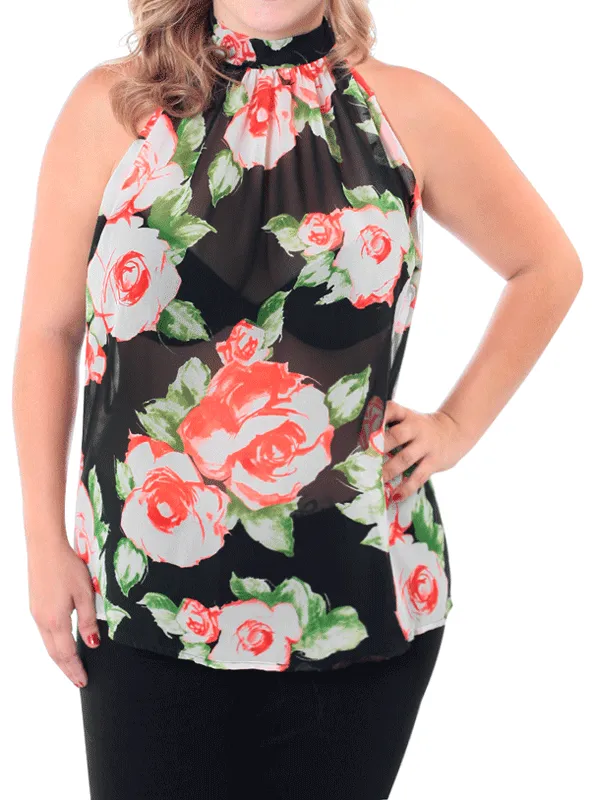 Plus Size Blooming Days Sheer Black Top
