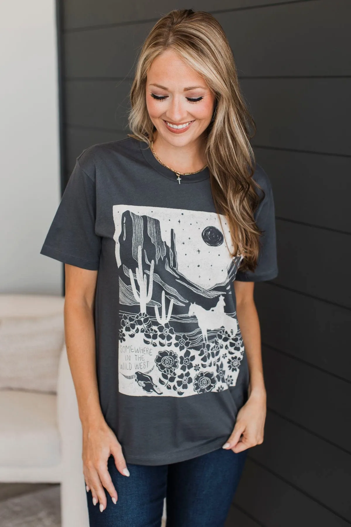 "Somewhere In The Wild West" Graphic Tee- Dark Grey