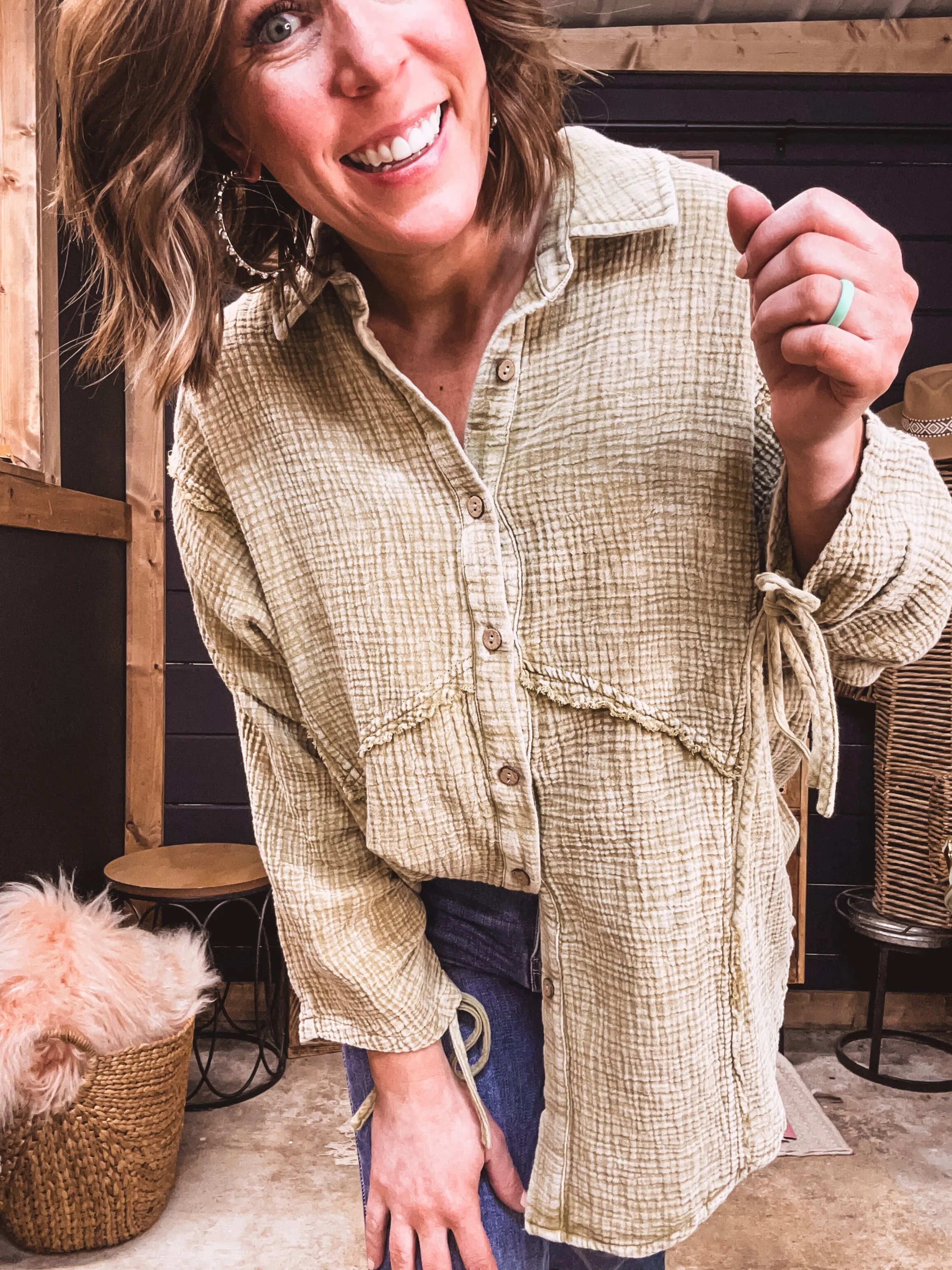 Sage Mineral Wash Button Down Cotton Gauze L/S