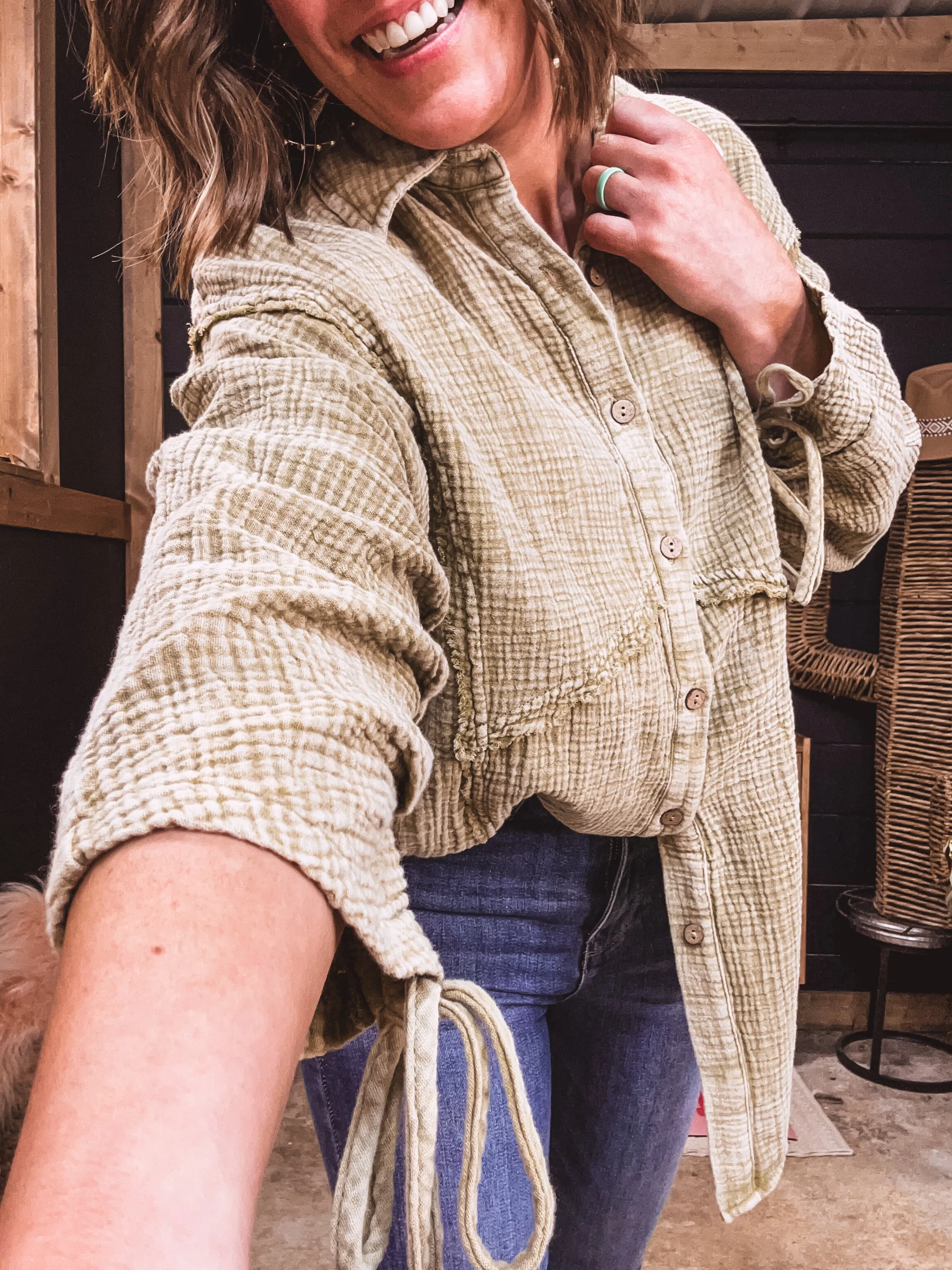 Sage Mineral Wash Button Down Cotton Gauze L/S