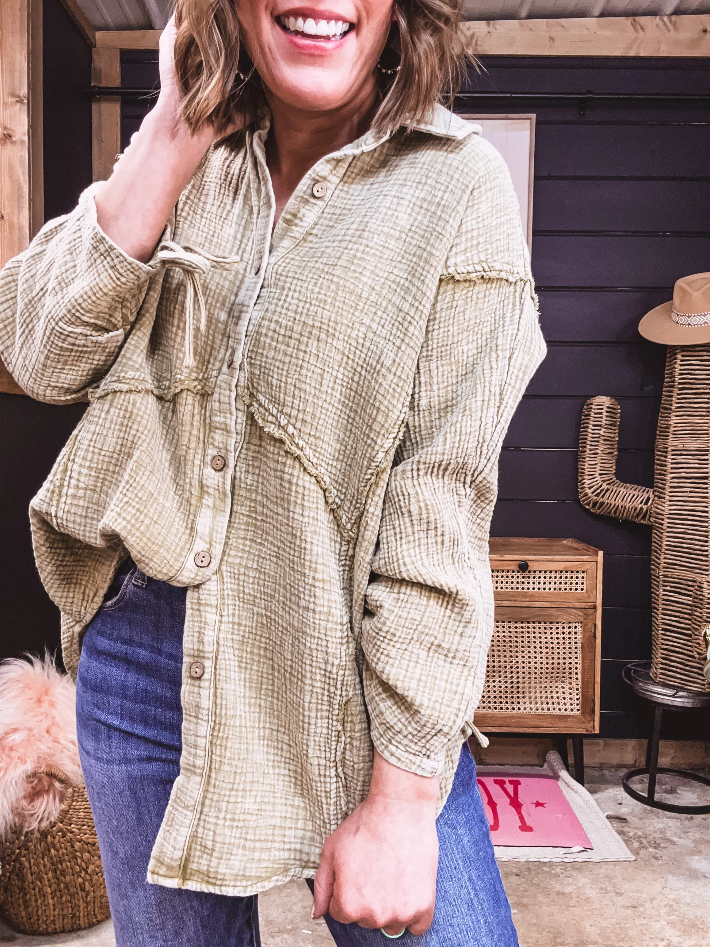 Sage Mineral Wash Button Down Cotton Gauze L/S