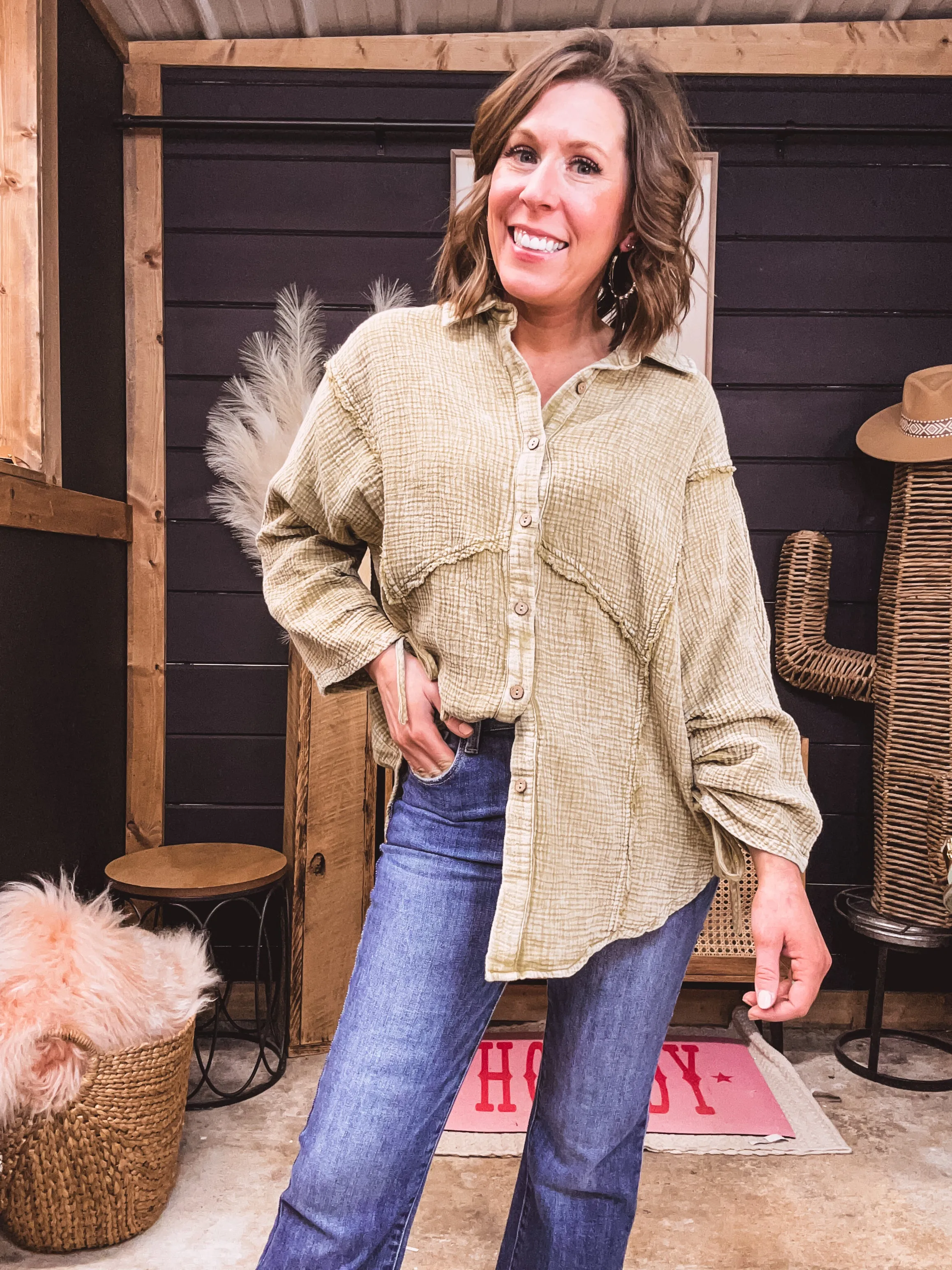 Sage Mineral Wash Button Down Cotton Gauze L/S