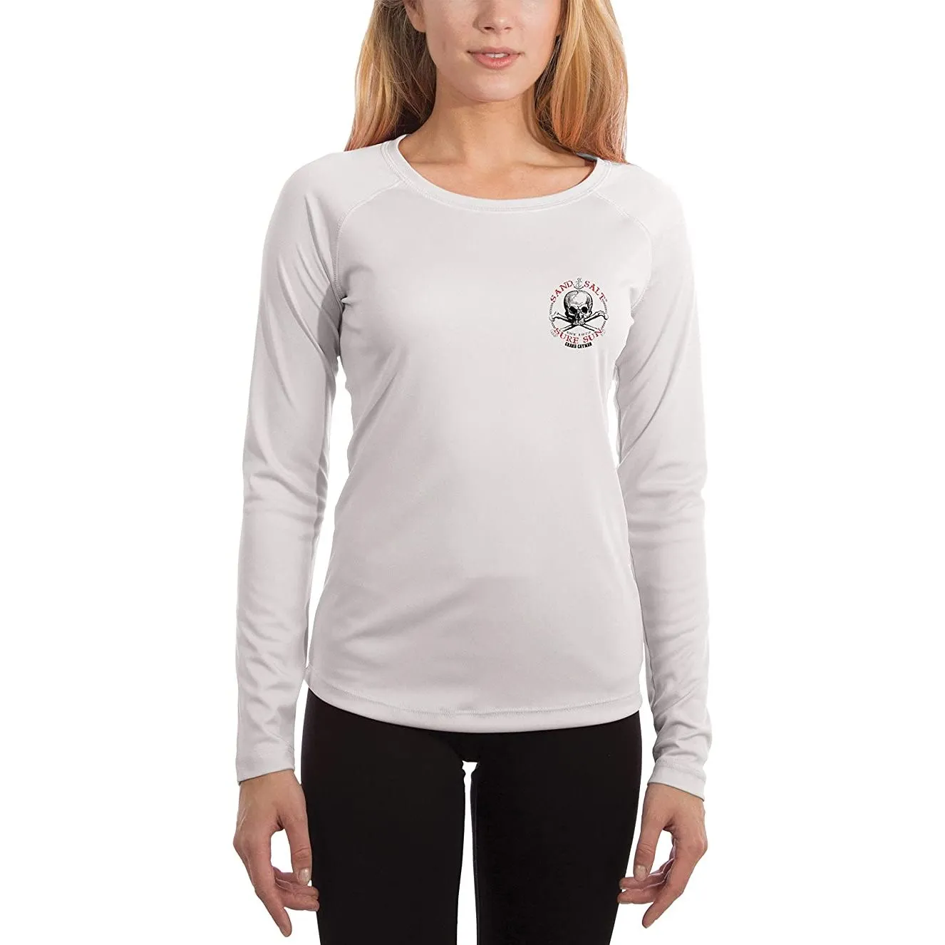 SAND.SALT.SURF.SUN. Grand Cayman Islands Skull Women's UPF 50  UV Sun Protection Performance Long Sleeve T-Shirt