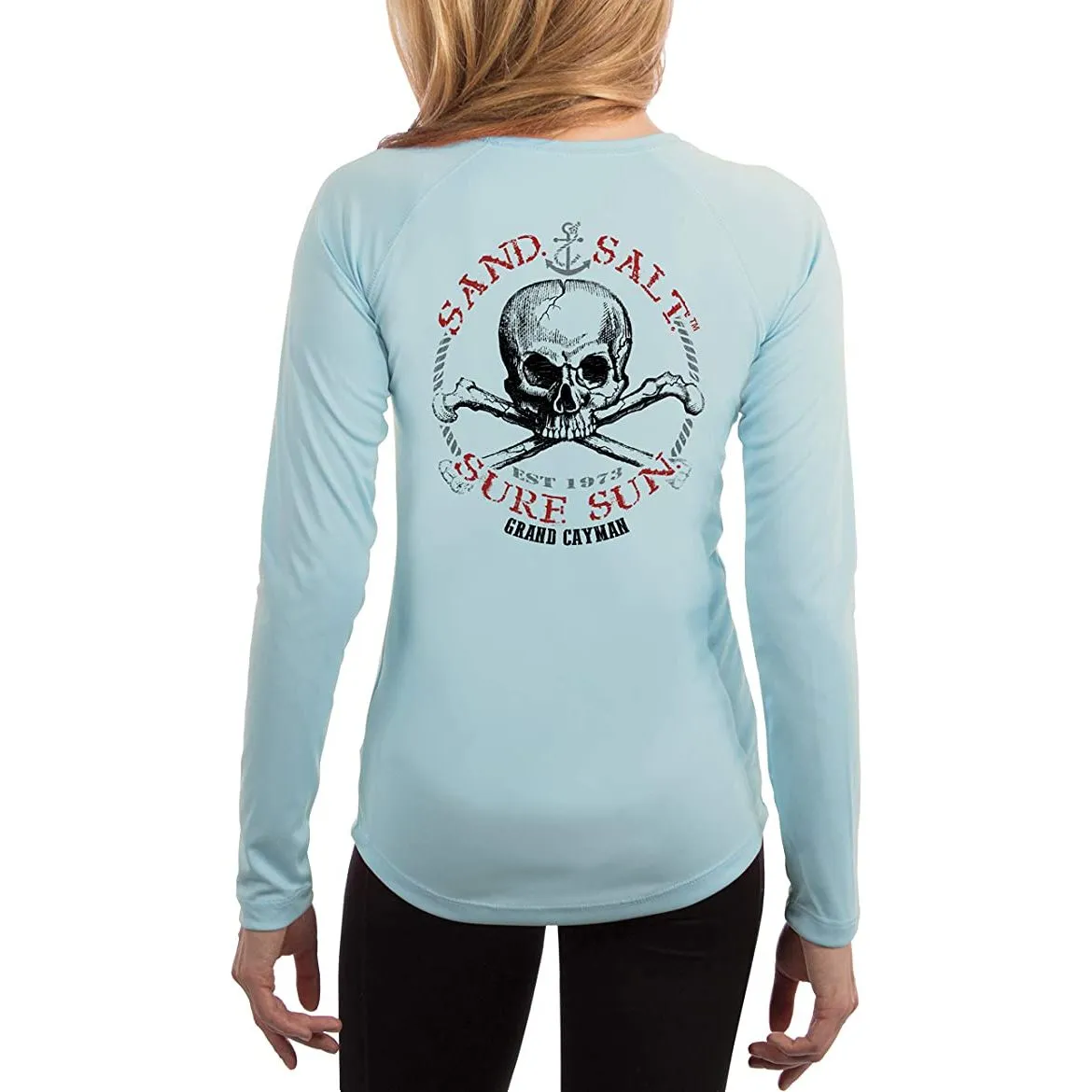 SAND.SALT.SURF.SUN. Grand Cayman Islands Skull Women's UPF 50  UV Sun Protection Performance Long Sleeve T-Shirt