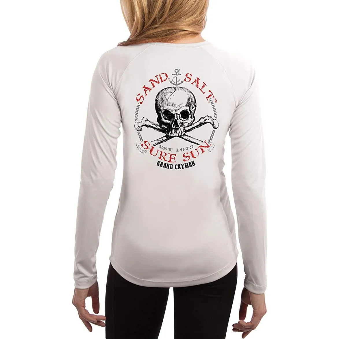 SAND.SALT.SURF.SUN. Grand Cayman Islands Skull Women's UPF 50  UV Sun Protection Performance Long Sleeve T-Shirt