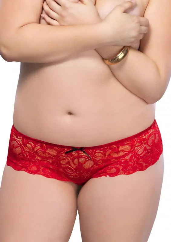 Stretch Lace Open Crotch Thong - 3x-4x - Red