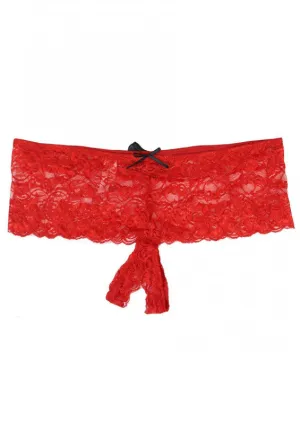 Stretch Lace Open Crotch Thong - 3x-4x - Red