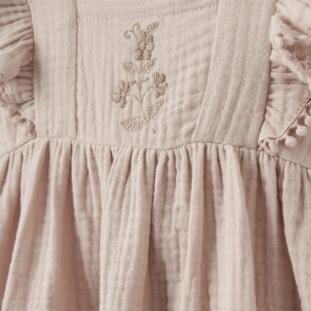 TAUPE EMBROIDERED ORGANIC MUSLIN FLUTTER DRESS SET