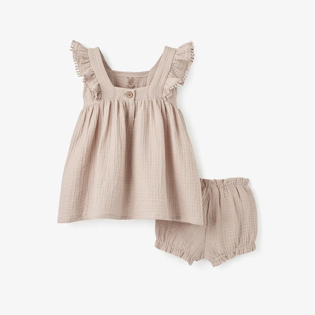 TAUPE EMBROIDERED ORGANIC MUSLIN FLUTTER DRESS SET